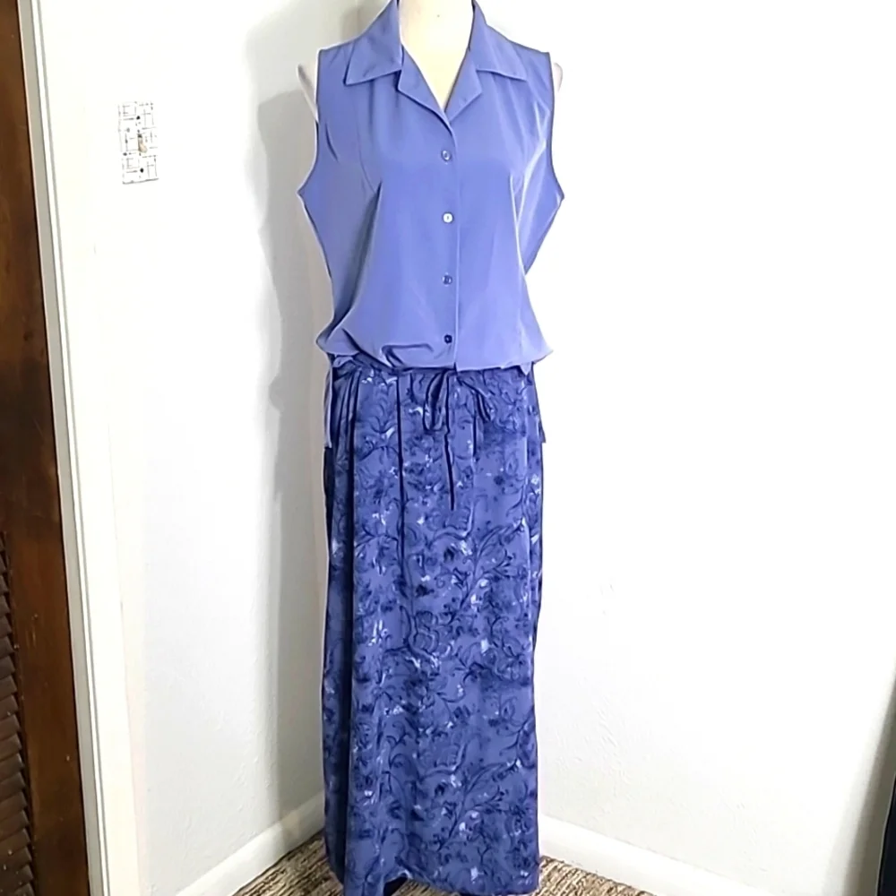 Kathie Lee Collection Blue Sleeveless Top & Blue Print Maxi-Skirt-Large Skirt 14